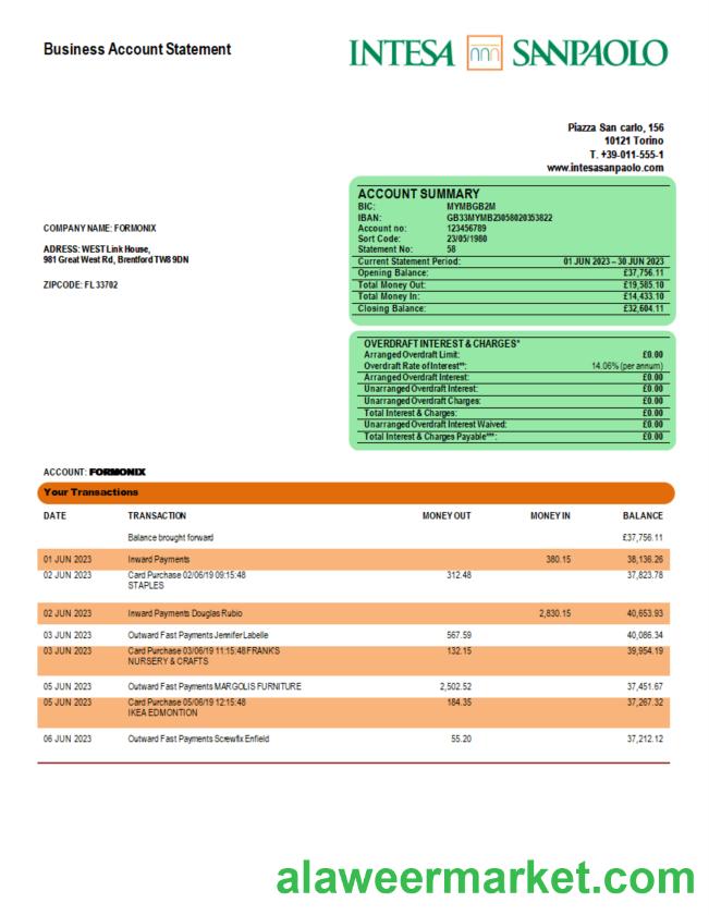 Intesa Sanpaolo Bank enterprise account statement Word and PDF template